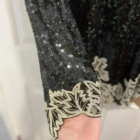 NWT Vintage JUDITH ANN Black&White Beaded 100% Silk Evening Blouse Lux Sz Small - Picture 8 of 9